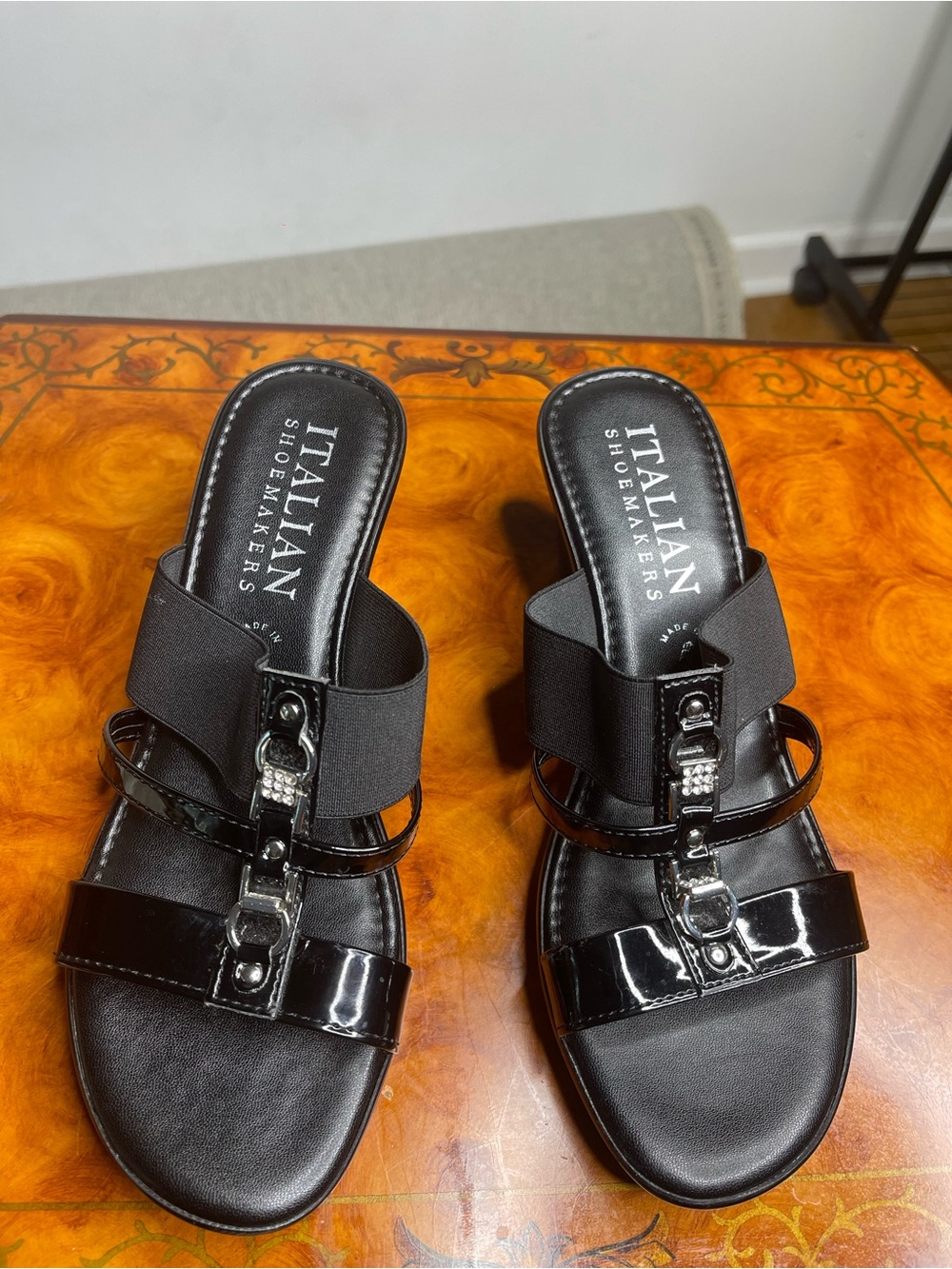 Italian Shoemakers Black Patent & Elastic Slide Mules